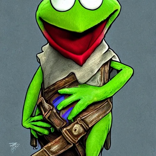 Prompt: kermit the frog, in the style of dark souls, by hidetaka miyazaki