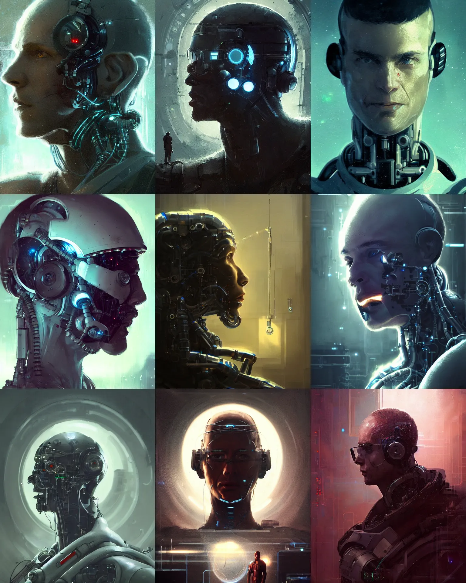 Image similar to a laboratory technician man with cybernetic enhancements seen from a distance, scifi character portrait by greg rutkowski, craig mullins, 1 / 4 headshot, cinematic lighting, dystopian scifi outfit, profile picture, mechanical, cyborg, half robot