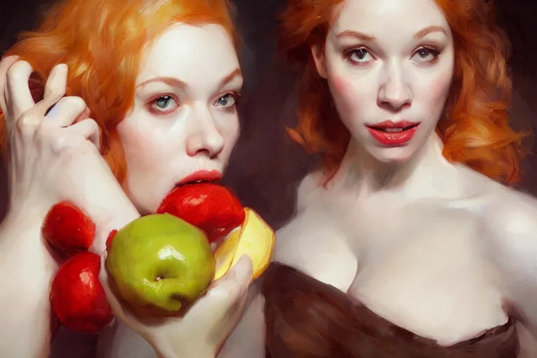 Prompt: A portrait of a Christina Hendricks eating various fruits by Ruan Jia and Mandy Jurgens and Artgerm and william-adolphe bouguerea, highly detailed, trending on artstation, award winning, H 768