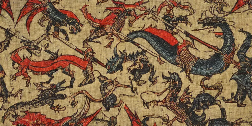 Image similar to Monster Hunter in medieval tapestry, historic