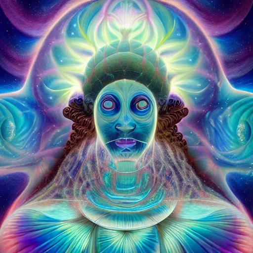 Image similar to obatala the cosmic god sitting in a cabana made of nebula clouds, by Adi granov and afarin sajedi and amanda sage and evgeni gordiets and Agostino Arrivabene in a psychedelic portrait style, ultrarealistic matte painting, volumetric lighting, fractal, extremely symmetrical, highly detailed face, orisha, 8k, hd