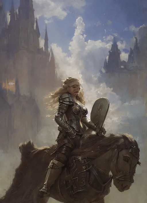 Prompt: short muscular woman wearing thick medieval armour, emilia clarke, detailed by gaston bussiere, bayard wu, greg rutkowski, maxim verehin, greg rutkowski, masterpiece, sharp focus, cinematic lightning