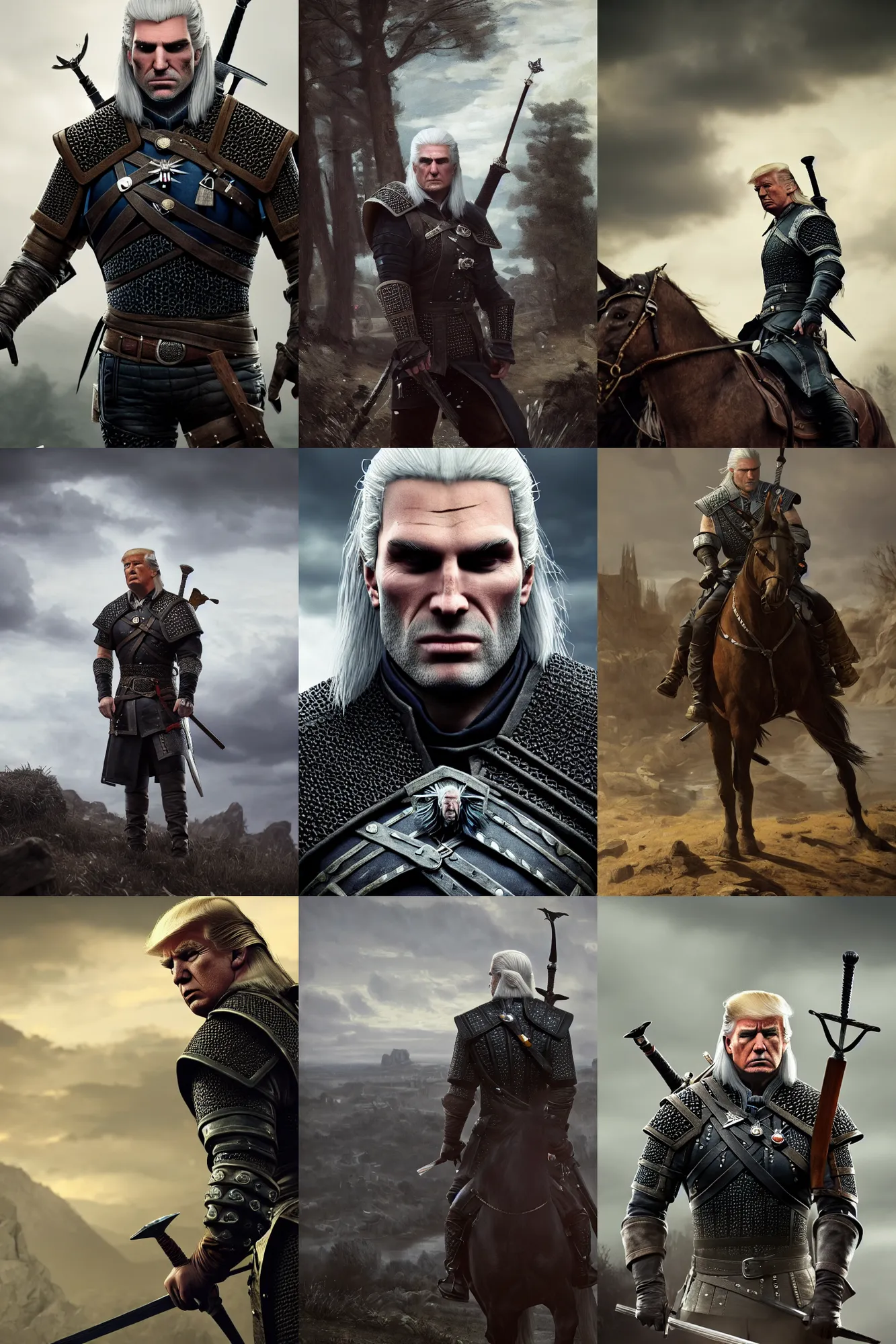 Image similar to donald trump as geralt from the witcher, artstation, by camille corot, cinematic, dramatic, filmic, 8 k, moody lighting, cinematic lighting, insanely detailed and intricate, hypermaximalist, elegant, ornate, hyper realistic, super detailed