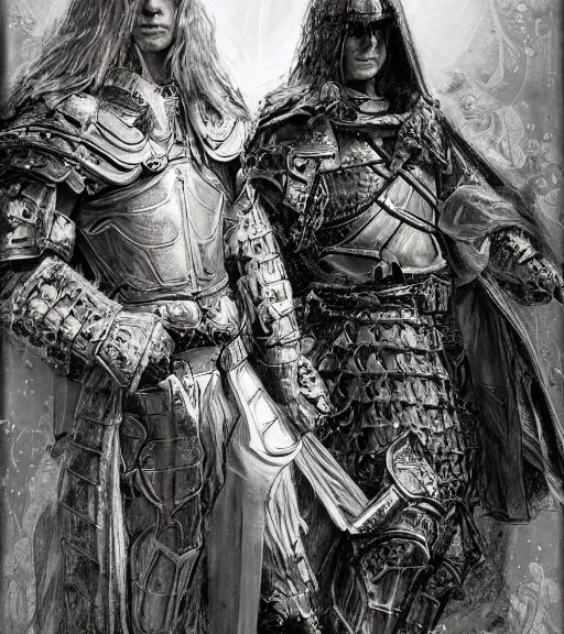 Image similar to portrait of long hair blond man in armor with another man with long blong hair tyed up with black robes, pen and ink, intricate line drawings, by craig mullins, ruan jia, kentaro miura, greg rutkowski, loundraw