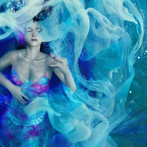 Image similar to woman dancing underwater wearing a flowing dress made of blue, magenta, and yellow seaweed, delicate coral sea bottom, swirling silver fish, swirling smoke shapes, octane render, caustics lighting from above, cinematic