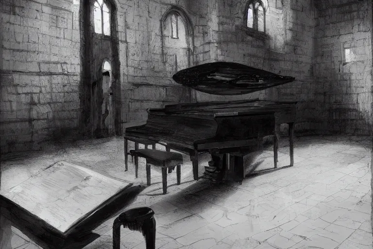 Image similar to an expressive portrait of agent 4 7 playing the piano in a monastery, dark background, red rim light, digital art, artstation, concept art by giger stalenhag