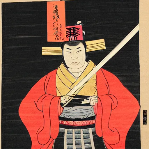 Image similar to donald trump dressed as a samurai holding a katana in a japanese edo period ink block painting, 4 k, hyper realistic, dslr, high resolution, landscape, beautiful