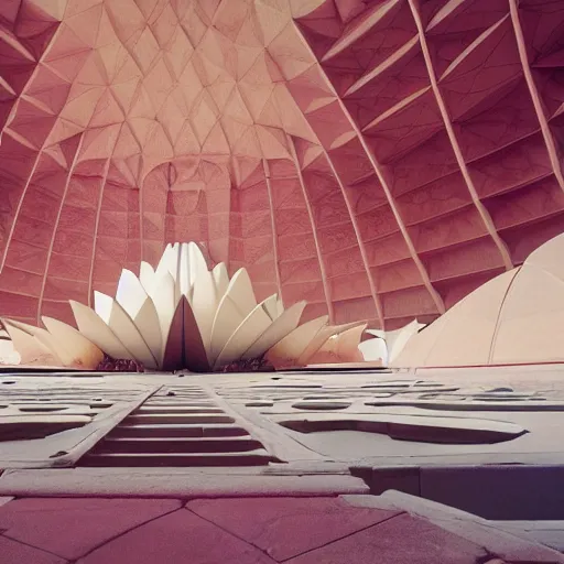 Prompt: architecrural photography, interior of a futuristic lotus temple with gold, red and white marble panels, in the desert, by buckminster fuller and syd mead, intricate contemporary architecture, photo journalism, photography, cinematic, national geographic photoshoot