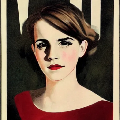 Image similar to Emma Watson portrait, vintage magazine illustration 1950