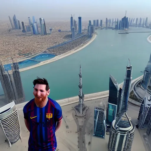Image similar to Lionel Messi standing on top of Burj Khalifa