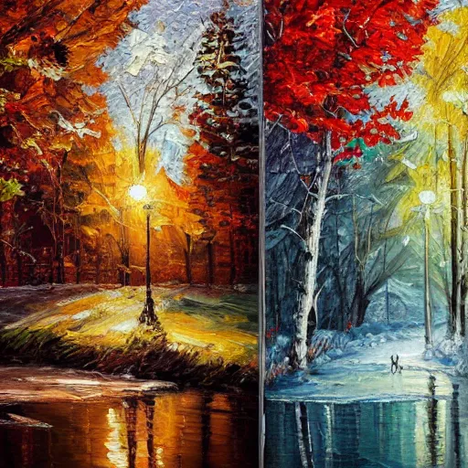 Image similar to painting depicting all four season in one painting, summer, winter, spring, autumn, concept art, artstation, detailed, impressionism, oil on canvas, knife painting, messy,