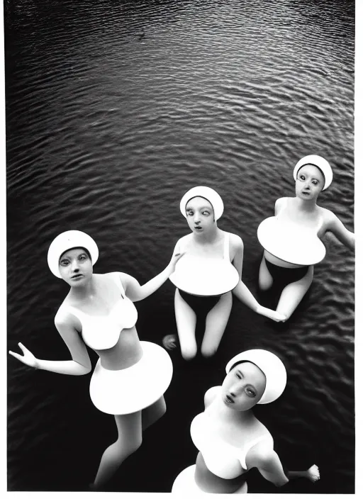 Image similar to realistic photo of a group of common girls in white tights, spherical black helmets, in a big pool filled with black mercury oil water, the sky is grey 2 0 0 0, life magazine photo,