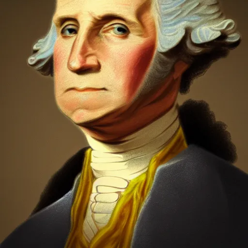 Image similar to a photorealistic colored pencil sketch of a distinguished George Washington wearing a gold chain around his neck with a small Doubloon coin attached as a necklace. This 4K HD image is Trending on Artstation, featured on Behance, well-rendered, extra crisp, features intricate detail and the style of Unreal Engine.