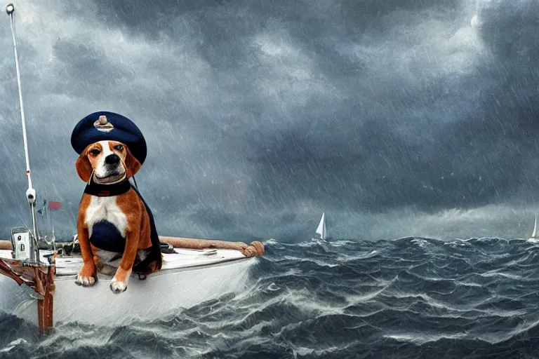 Image similar to a beagle with a captain hat on a sailing boat in a storm