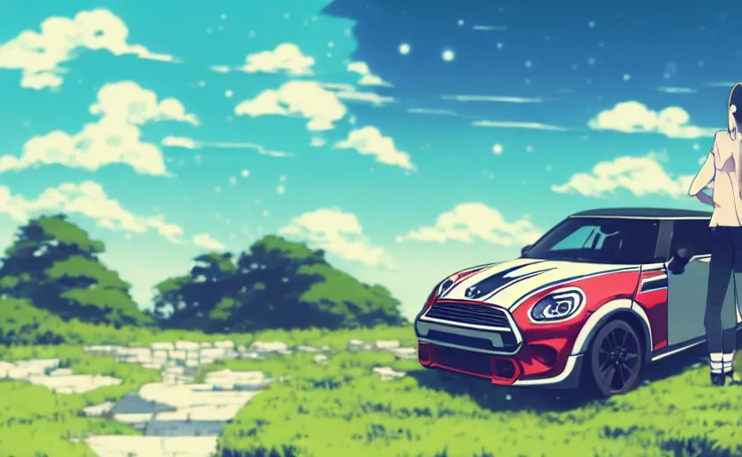 Prompt: a high school girl is watching a mini 4 wd move, clear summer sky background, lush landscape, illustration concept art anime key visual trending pixiv fanbox by wlop and greg rutkowski and makoto shinkai and studio ghibli and kyoto animation, tamiya miniature cars, hyper dash motor, carbon components, small scale racing