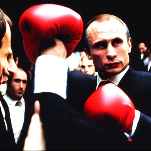 Prompt: Emmanuel Macron boxing Vladimir Putin in American Psycho (1999)