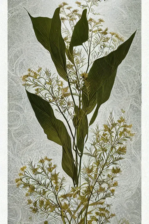 Prompt: herbarium page, highly detailed, ( ( fantasy plants ) ), cool white, thin gold details, centered composition, intricate digital painting by denis sarazhin, victo ngai, post processing, color grading