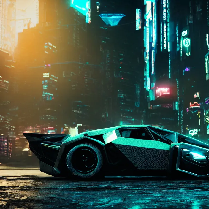 Image similar to cyberpunk car lamborgini counatch on the background of drak dirty style cyberpunk city like in blade runner film just in the syle by nicholas hiattcinematic with cinematic lighting, raytracing, 8 k, made in octane render, volumetric, vivid, beautiful art, hyperrealism