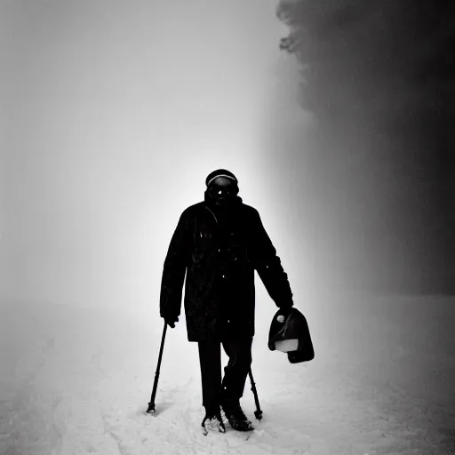 Prompt: photo, 1 0 0 year old black man wandering in the snow, moncler jacket, circular sunglasses, portrait, cold color temperature, snow storm. hazy atmosphere. humidity haze. kodak ektachrome, greenish expired film, award winning, low contrast