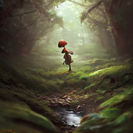 Image similar to a tiny mushroom person with a mushroom for a head walking by a stream in a lush forest. cgsociety masterpiece, artstation trending, by rossdraws, ghibli, Kimi no Na wa, greg rutkowski