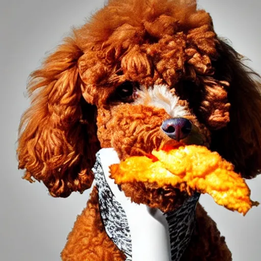 Prompt: A poodle made out of crispy fried chicken, high resolution photo, popeyes fried chicken dog