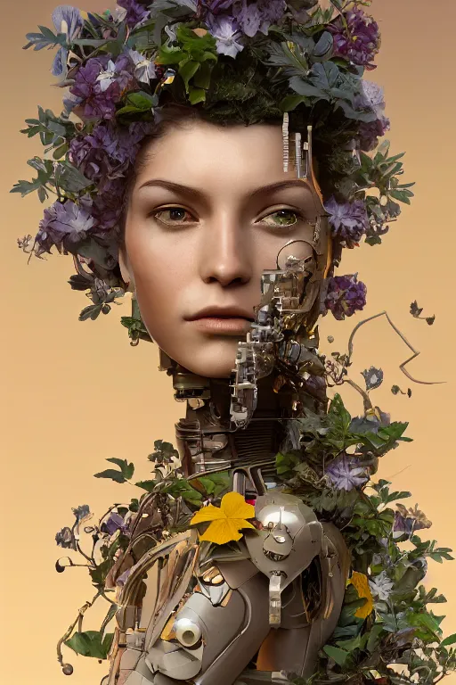 Image similar to a beautiful fine art RPG portrait photo of a robot female cyborg, spread out curly hair covered by hibiscus, daffodils, hydrangea, montsera leaves by tom bagshaw and zach sutton, golden ratio composition, soft studio lighting, soft vignette, 50mm lens, very detailed, bionic, cybernetic scifi, deep depth of field, artstation, 8K