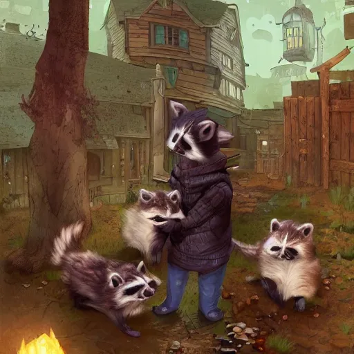 Prompt: Frank Dillane, petting raccoons, comical, funny, cute, cartoon, digital painting, old english, whimsical background by marc simonetti, artwork by liam wong