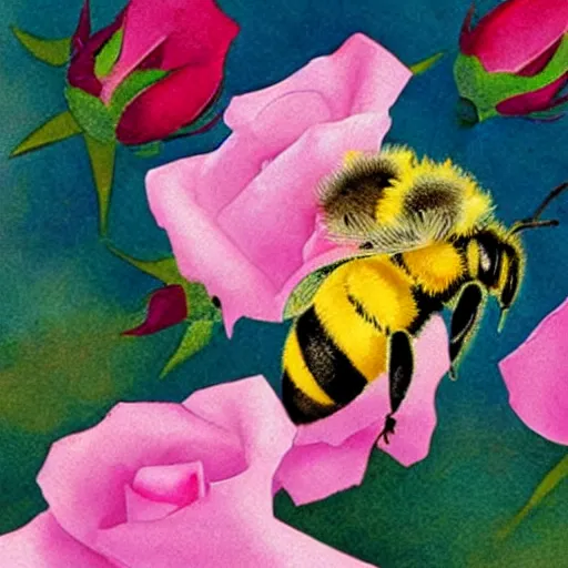 Prompt: a beautiful illustration of a rose with a bee sitting on it like maja the bee