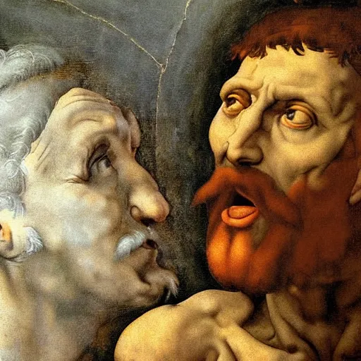 Prompt: scared man looking up, high detail painting by michelangelo