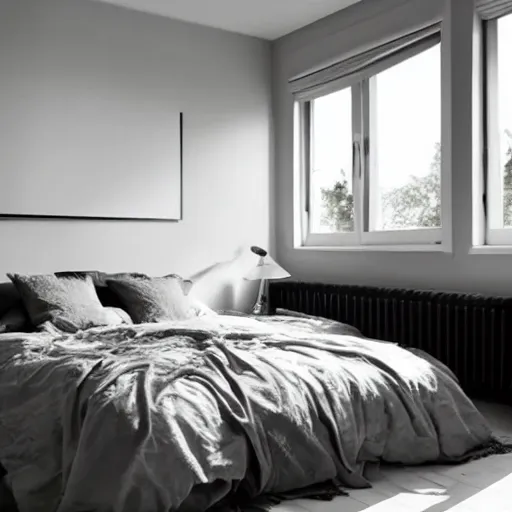 Image similar to Bedroom with Minimalistic Art on the walls, white furtniture, big windows with sunlight coming in