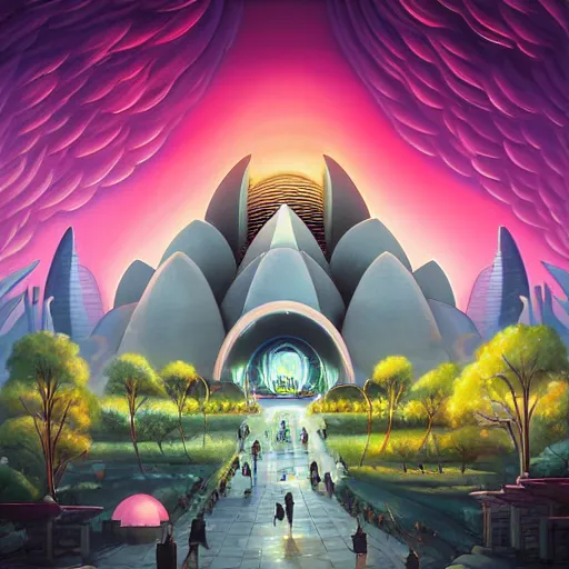 Image similar to street view of gigantic lotus flower temple city at night by cyril rolando and naomi okubo and dan mumford and ricardo bofill