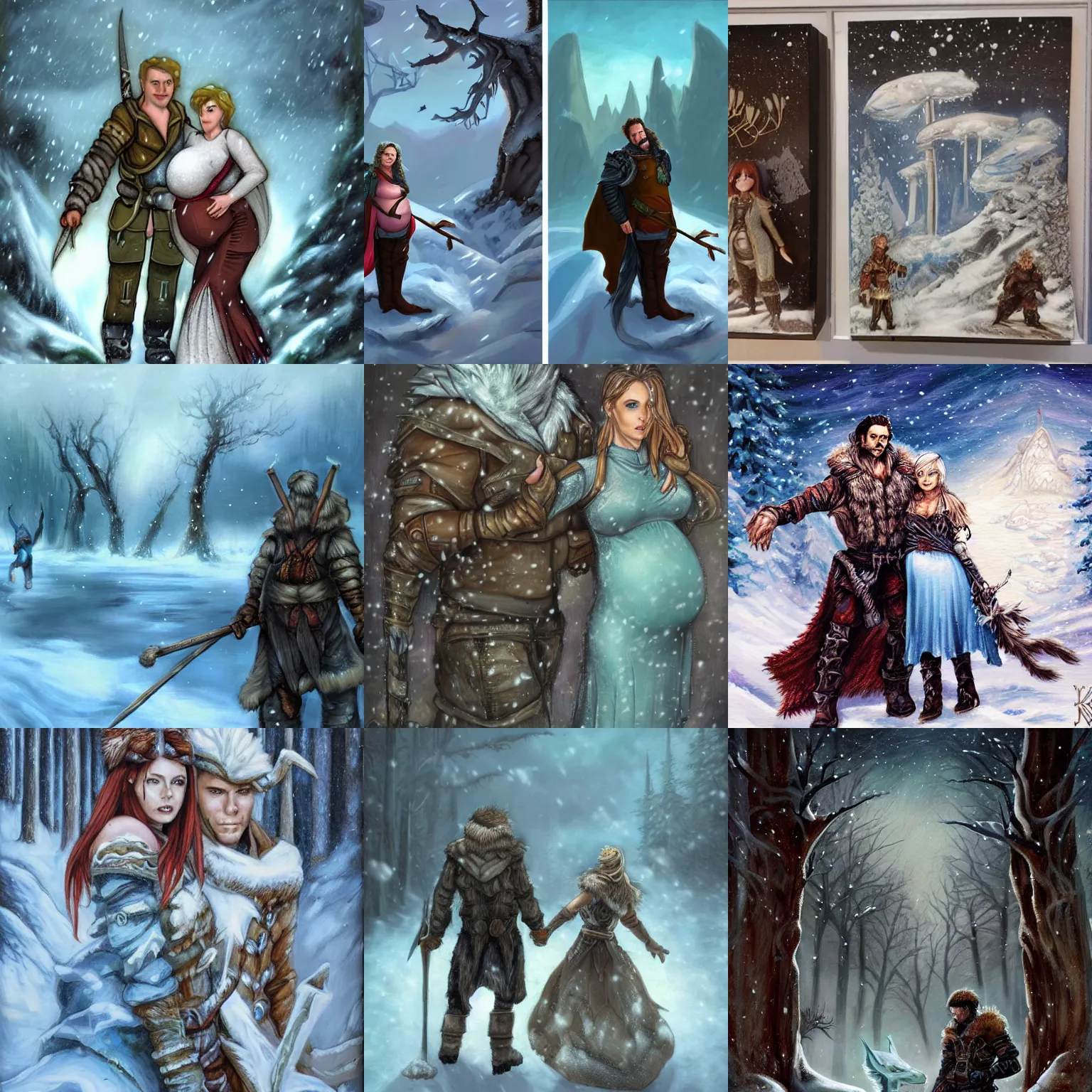 Prompt: fantasy hunter with his pregnant wife, side by side, falling snow, theme :'icewind dale ', artist :'kristy glas ',