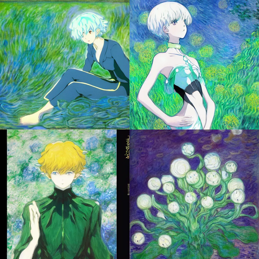 Prompt: a painting of Phosphophyllite by Claude Monet, from Houseki no Kuni, Anime Land of the Lustrous, Top 25 Fantasy Anime Series, Vアニメ『宝石の国』ティザーPV-0