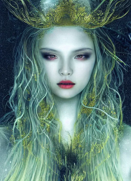 Image similar to glowing silver and golden elements, full close-up portrait, young female model from deviantart as a dark witch, book cover, green forest, white moon, red lips, establishing shot, extremly high detail, photo-realistic, cinematic lighting, pen and ink, intricate line drawings, by Yoshitaka Amano, Ruan Jia, Kentaro Miura, Artgerm, post processed, concept art, artstation, matte painting, style by eddie, raphael lacoste, alex ross