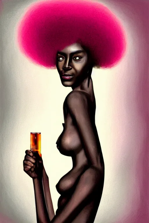 Image similar to A beautiful tall black woman with dark skin and a pink afro, looking at you from across the bar, holding a lit cigarette, digital art, oil painting, clean lines, drawn by H.R Giger