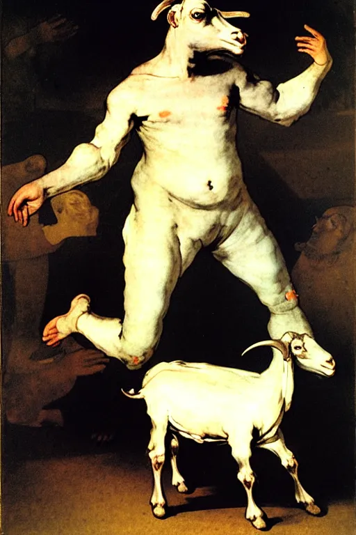 Image similar to dancing man with a goat head by francisco goya