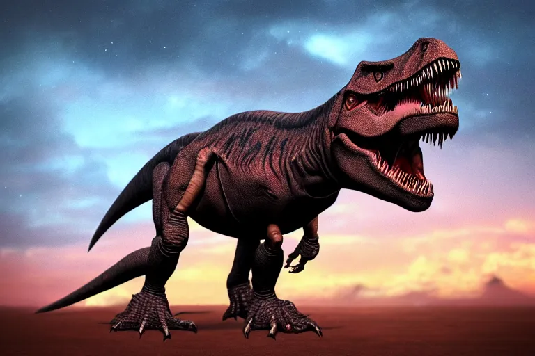 Prompt: Realistic photograph of a tired T-Rex dinosaur standing in the distance in the style of devilcore, gorecore, twilight, glows, detailed, studio quality, hd image,