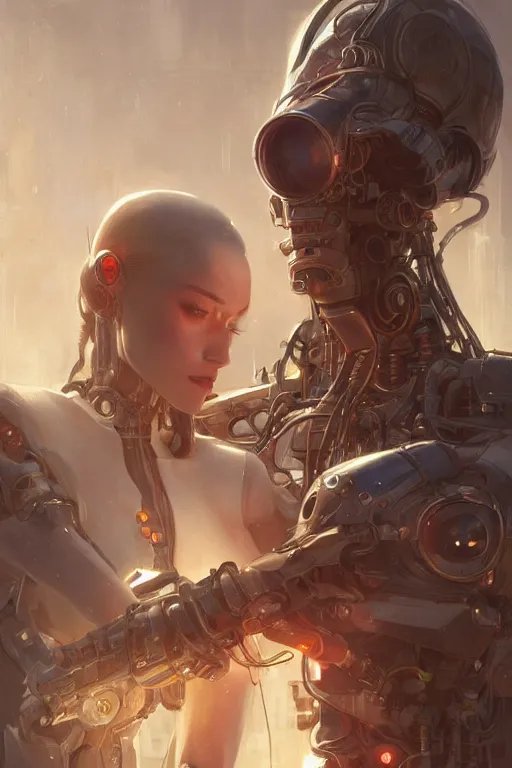 Image similar to Ultra realistic illustration,a robot and a woman are boyfriends, cyberpunk, sci-fi, fantasy, intricate, elegant, highly detailed, digital painting, artstation, concept art, smooth, sharp focus, illustration, art by artgerm and greg rutkowski and alphonse mucha