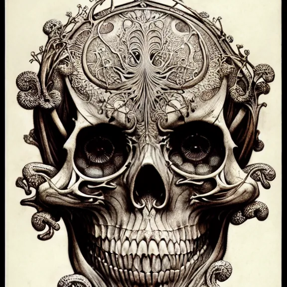 Image similar to memento mori by arthur rackham, art forms of nature by ernst haeckel, exquisitely detailed, art nouveau, gothic, ornately carved beautiful skull dominant, intricately carved antique bone, art nouveau botanicals, ornamental bone carvings, art forms of nature by ernst haeckel, horizontal symmetry, arthur rackham, ernst haeckel, symbolist, visionary