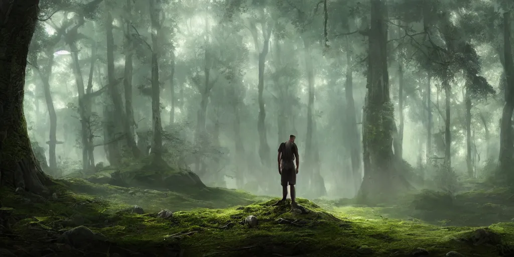 Prompt: a man standing in the middle of a forest, a detailed stunning matte painting, cgsociety, fantasy art, cryengine, matte painting, reimagined by industrial light and magic