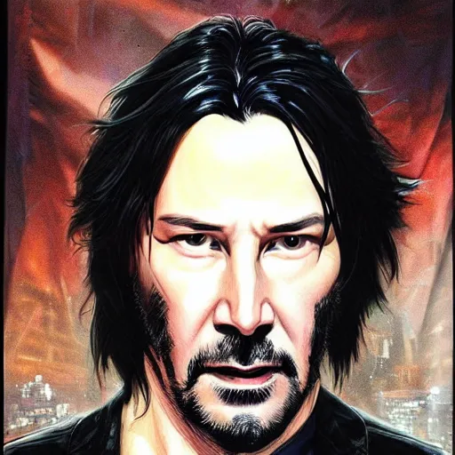 Prompt: keanu reeves a quirky cyberpunk wizzard, dark-hair, intricate, elegant, highly detailed, smooth, sharp focus, detailed face, high contrast, dramatic lighting, graphic novel, art by Ardian Syaf and Michael Choi