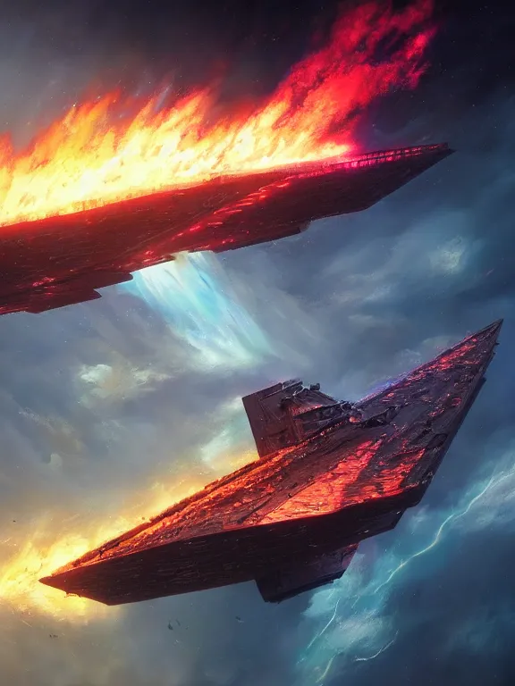 Image similar to photo of 8k ultra realistic star destroyer on fire, full of colour, cinematic lighting, battered, trending on artstation, 4k, hyperrealistic, focused, extreme details,unreal engine 5, cinematic, masterpiece, art by Peter Mohrbacher