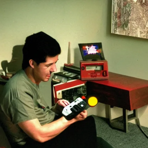 Prompt: man playing nintendo 6 4 in the year 5 5 0