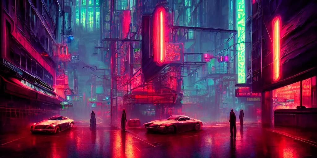 Prompt: concept art, octane render, a brooding, dystopian city, reflections, volumetric neon lighting, dramatic, emerald red neon glow, 8 k, ultra - hd, insanely detailed and intricate, hypermaximalist, elegant, ornate, by gerald brom, by syd mead, akihiko yoshida, doug chiang, cinematic