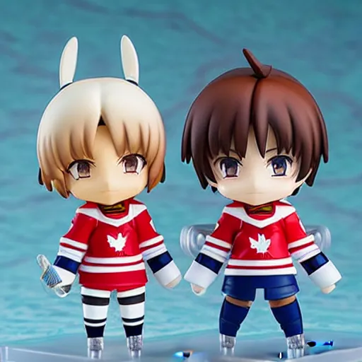 Prompt: an anime Nendoroid of Bob and Doug MacKenzie, the great white north, hockey jerseys, figurines, detailed product photo