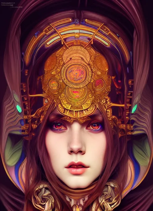 Image similar to overlord, psychedelic, portrait, highly detailed, deep focus, elegant, digital painting, smooth, sharp focus, illustration, ultra realistic, 8 k, art by artgerm and alphonse mucha