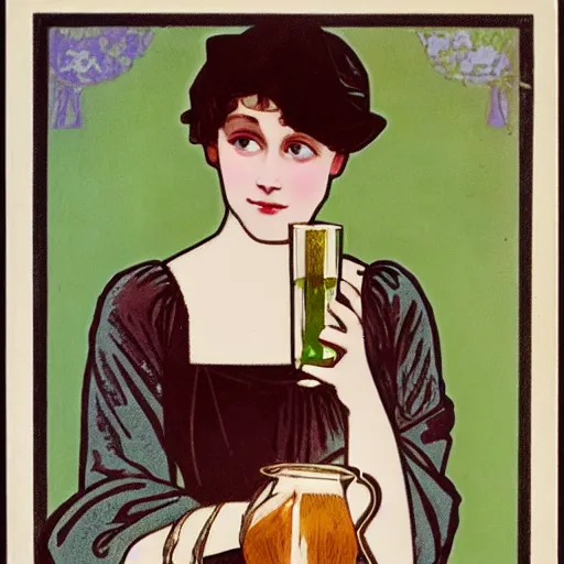 Prompt: a young edwardian woman holding a glass of milk, in the style of Mucha