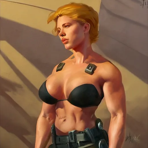 Prompt: greg manchess portrait of scarlett johansson as roided thick female bodybuilder lara croft, fantasy, medium shot, asymmetrical, profile picture, organic painting, sunny day, matte painting, bold shapes, hard edges, street art, trending on artstation, by huang guangjian and gil elvgren and sachin teng