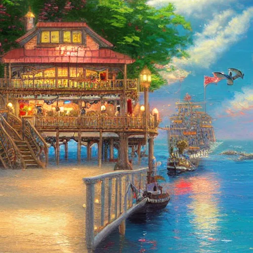 Prompt: A painting of a pirate pier by Thomas Kinkade in the style of Studio Ghibli