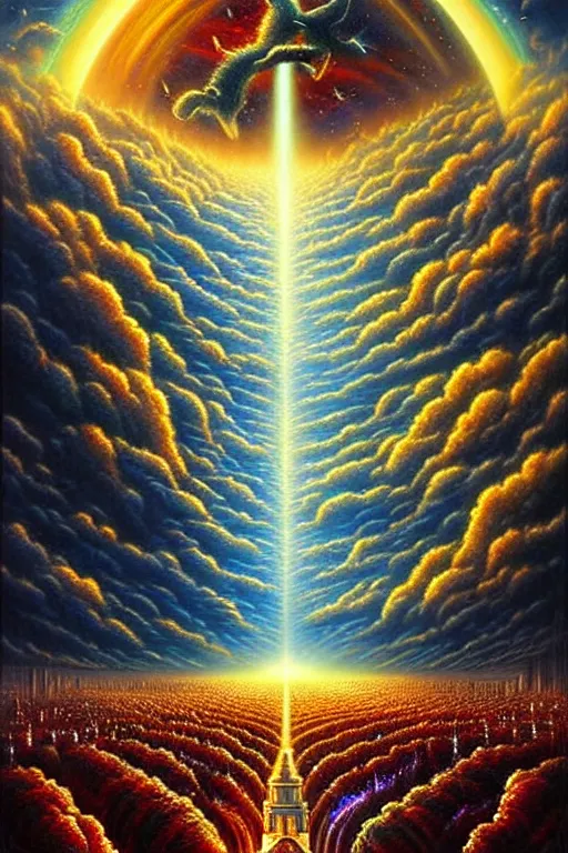 Prompt: a photorealistic detailed cinematic image of astonishing glory and beauty of heavenly wonders. met by friends and family, overjoyed, powerful, emotional, ornate, by pinterest, david a. hardy, kinkade, wpa, public works mural, socialist